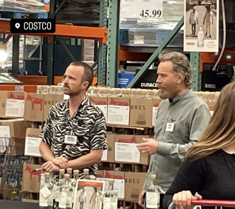 Bryan Cranston and Aaron Paul hand out mezcal samples in Costco