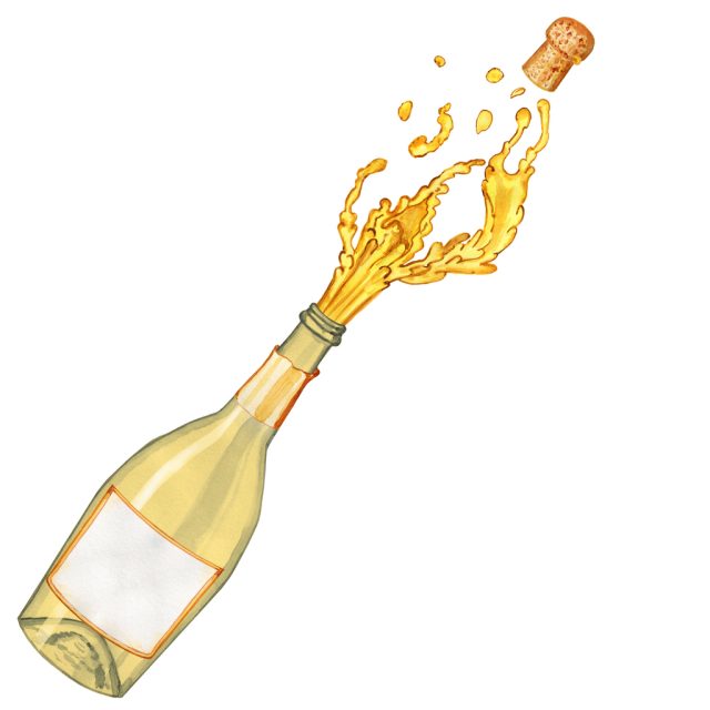 Bottle of Prosecco popping with splashes and cork watercolor illustration