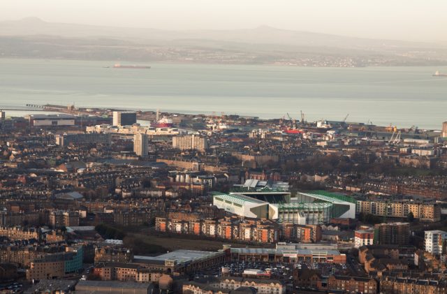 Edinburgh, Scotland - January 19th, 2011:  Looking towards Leith from Salisbury Crags. Football ground in foreground.